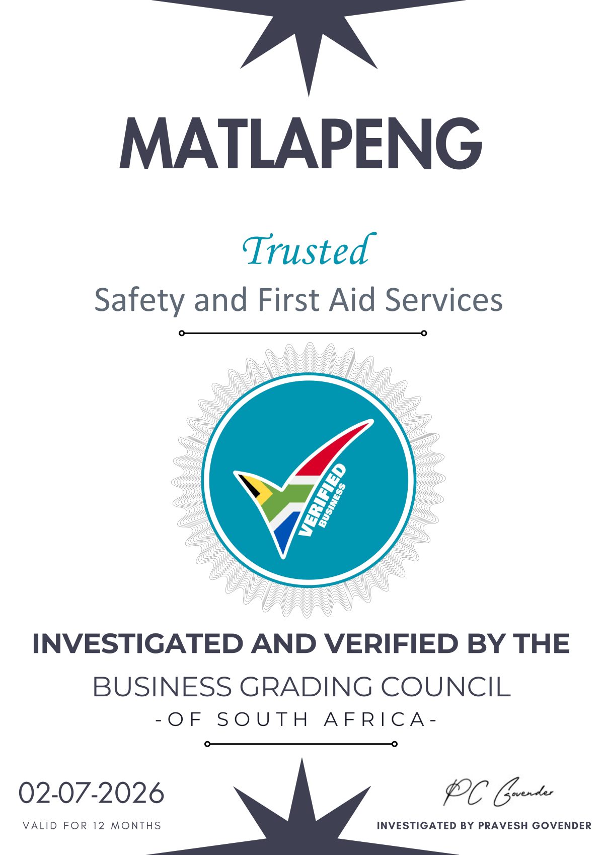 Matlapeng Matlapeng Fire & Safety - Business Grading Council of South Africa
